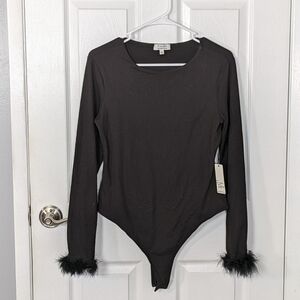 NWT Feather Cuffed Long Sleeve Black Bodysuit by Faded Rose Essentials‎ Size L